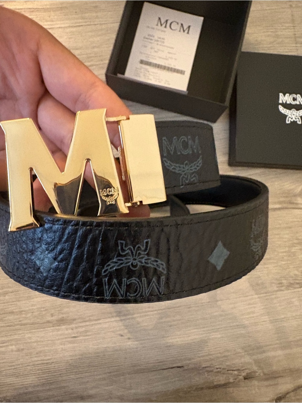 MCM Black Logo Leather Belt with Gold M Buckle